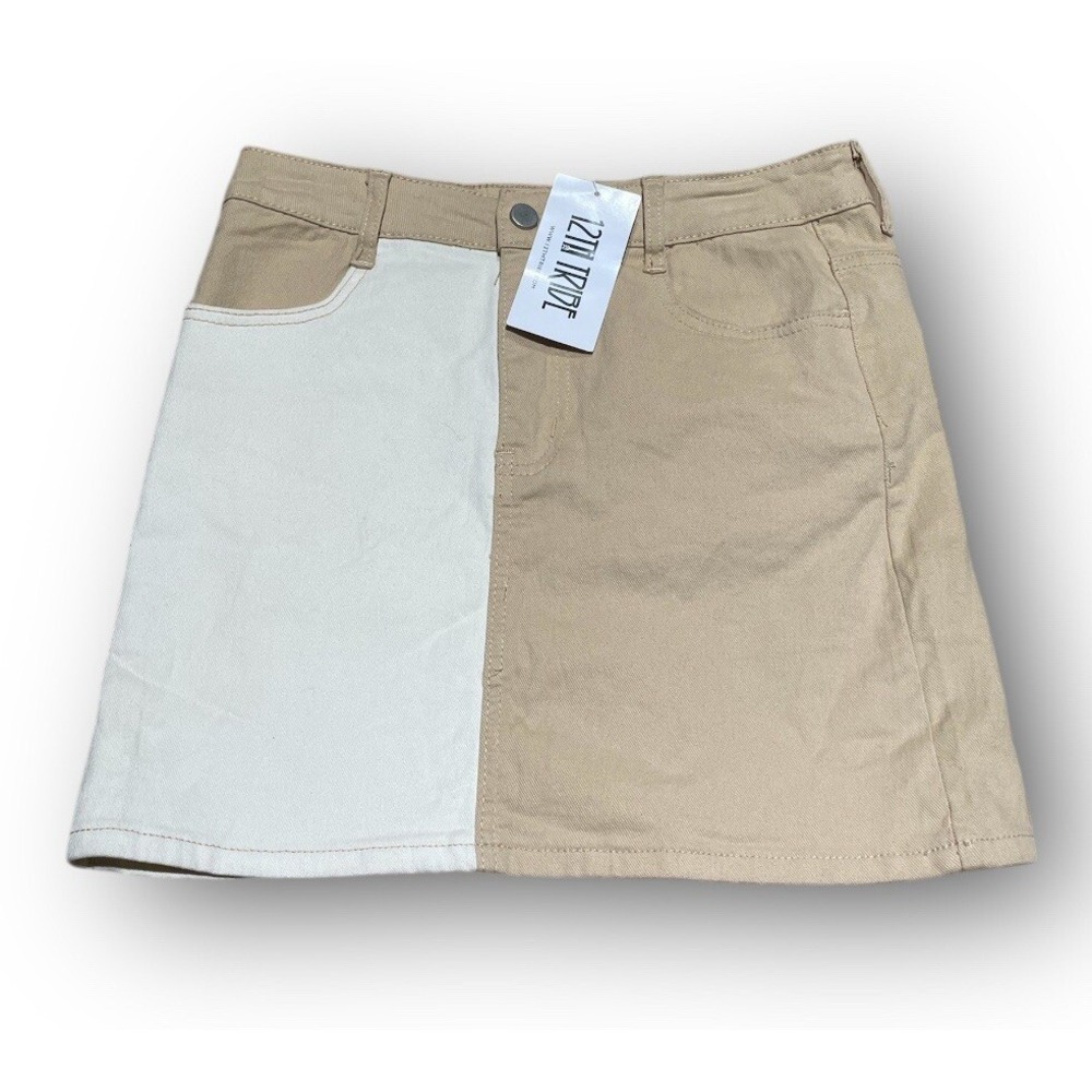 12th Tribe Mini Skirt White Brown Size M Boho Festival Style‎ 29x14.5"